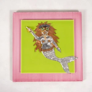 Metal Mermaid Folk Art Ceramic Tile 8"x8" Nautical Coastal Beach Wall Art Decor - Picture 1 of 8