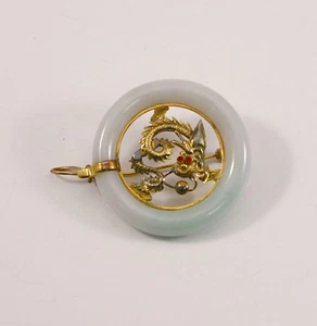 Vintage Estate Chinese 14k Yellow Gold & Light Green Jade Pin Brooch Pendant - Picture 1 of 2