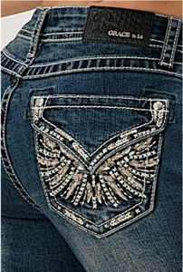 Grace in LA Women's Angel Wings Embellished Flap Pockets Bootcut Stretch Jeans - Picture 1 of 3