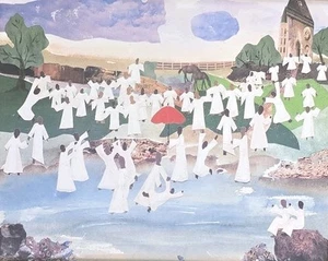 Red Umbrella Down By The River" by Allen Stringfellow African American Folk Art - Picture 1 of 4