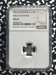 1896 Guatemala 1/4 Real NGC MS66 Lot#G825 Silver! Gem BU! Wreath Reverse - Picture 1 of 3