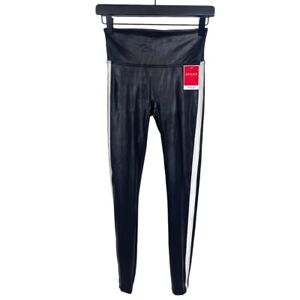 Spanx Women’s Faux-Leather Stripe Leggings Black White Stretch SMALL NWT $110