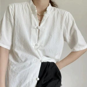 Women Ethnic Chinese Frog Button Hanfu Shirt Tai Chi Short Sleeve Top Summer - Picture 1 of 8