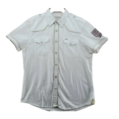 Guess Men's Size M Solid White Cotton Snap Patched Casual Shirt - Image 1 of 4
