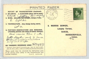 GB Bucks KEVIII *THUNDERSTORM REPORT* Card Aylesbury 1937 METEOROLOGY Data XE117 - Picture 1 of 10
