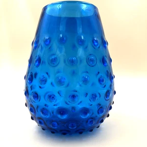 Empoli 9"H x 11D" Tall Blue Glass Large Spike Hobnail Vase Italy VTG MCM Huge - Picture 1 of 10