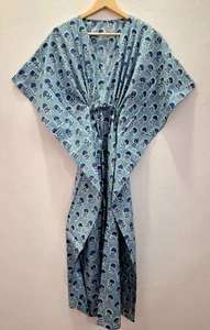 Blue Purple Floral Long Kaftan Maxi Dress Block Print Dressing Gown (s to 3xl) - Picture 1 of 4