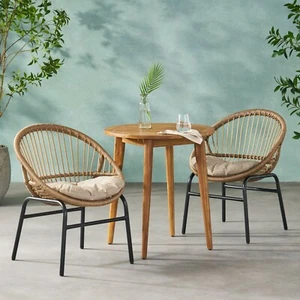 Meriden Outdoor Wicker and Acacia Wood 3 Piece Bistro Set with Cushion, Light Br - Picture 1 of 9