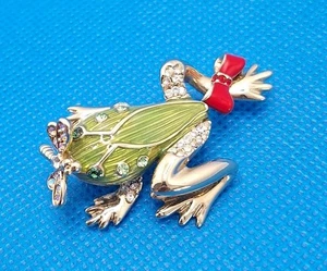 Vintage Enamel Frog Brooch/Green/Retro/Pin/Rhinestone/Goldtone - Picture 1 of 5