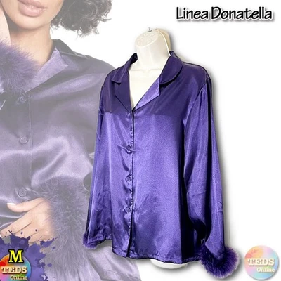 Nuevo con etiquetas Linea Donatella Mujer M Marabú Pluma Satén Pijama Top SOLO MBJ045 Púrpura Foto 1 de 4