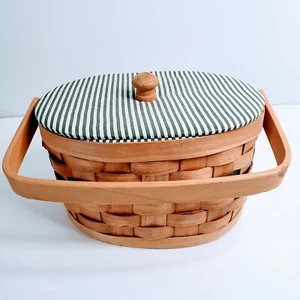 Handle Basket With Striped Green & White Decorative Lining And Matching Lid - Picture 1 of 10