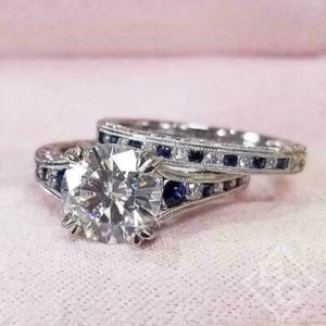 Engagement Wedding Bridal Ring Set 2.80Ct White Moissanite & Sapphire 925 Silver - Bild 1 von 7