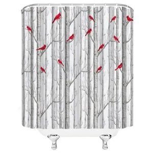 Tree Bird Shower Curtain Gray White Birch Tree Forest Red Bird Rustic Fall Na... - Picture 1 of 7