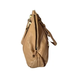 LARGE TAHARI CREAM BROWN GENUINE LEATHER RUFFLE DECOR SHOULDER BAG TOTE HANDBAG - Picture 1 of 14
