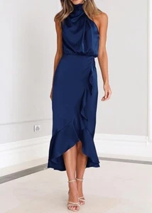 NEW Satin Dress Sz Med Halter High Neck Ruched Asymmetric Hi Low Slit Navy Blue - Picture 1 of 5