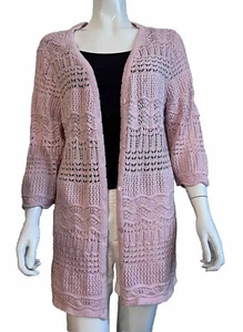 Blair Cardigan Large Pink Button Front Open Crochet Knit Cotton 3/4 Sleeves - Picture 1 of 8