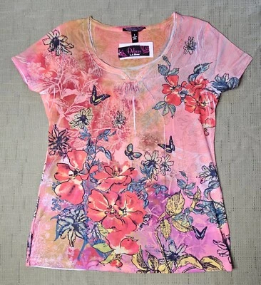 Blusa de lujo LA azul talla pequeña rosa, rosa, tonos melocotón patrón floral Foto 1 de 4
