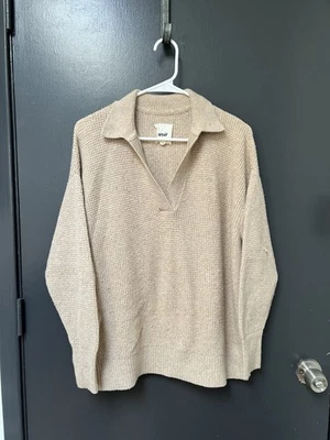 Aerie Cozy Up Waffle Knit Polo Sweater Women XS in Heather Fawn Beige Oversized - Image 1 of 4