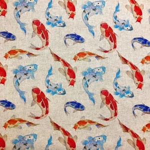 Tela de tapicería - Impresión de carpa Koi en material de tela artesanal de aspecto de lino natural - Imagen 1 de 7