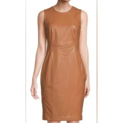 CALVIN KLEIN Faux Leather Sleeveless Midi Sheath Dress 8 Caramel Tan Cowgirl  - Image 1 of 4
