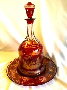 Ruby Hand-blown Etched Glass Plated Decanter w/Stopper 13" tall - Picture 1 of 7
