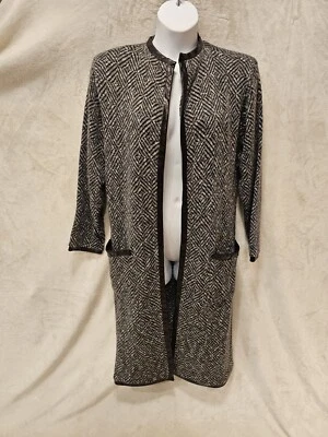 Abrigo largo St John negro blanco y gris mezcla de lana frente abierto plumero talla 12 EE. UU. Foto 1 de 4