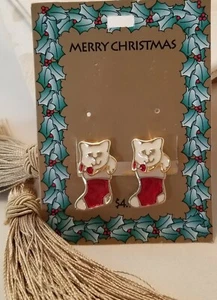 New Vintage Swivel Earrings . Christmas Stocking w/ Kitten . Red White Gold-tone - Picture 1 of 8