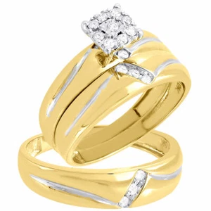 Diamond Trio Set 10k Yellow Gold Engagement Ring Matching Wedding Band 0.22 Ct - Picture 1 of 8