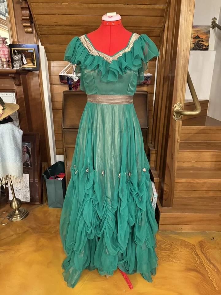 1930 Antiguo Vestido Disfraz Lo que el viento se llevó Gasa Satinado Verde En muy buena condición Esmeralda Foto 1 de 4