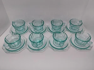 Set Of 8 Vintage Indiana Aqua Depression Glass Madrid Cups With Saucers - Picture 1 of 19