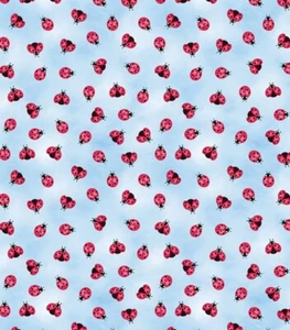 BOLT END 34 INCHES Benartex Sunshine Days Red Ladybugs on Blue Cotton Fabric - Picture 1 of 3