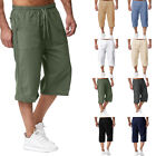 Mens 3/4 Length Linen Shorts Elastic Waist Loose Casual Drawstring Capri Pants