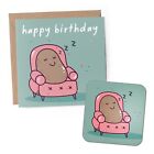 1 x Greeting Card & Coaster Set - Couch Potato Lazy Funny Birthday Gift #79267