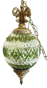 VTG EF EF Ind Electric SWAG HANGING LAMP No.335 Diamond Green Painted Ball Globe - Picture 1 of 24