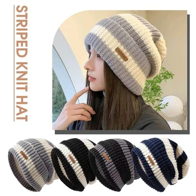 Moda Coreana Sombrero Tejido a Rayas Tendencia Sombrero Ligero para Hombres Mujeres Cálido   - Imagen 1 de 4