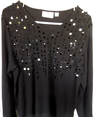 Suéter Pullover Quacker Factory Mujer Talla L/S Grande Negro Lentejuelas Elástico Foto 1 de 4