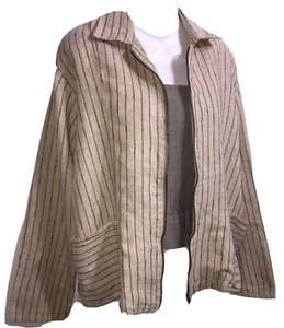 FLAX by Jeanne Engelhart Lagenlook Jacket Size Medium Boxy Striped Linen Zip Up - Picture 1 of 7