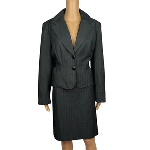 Sharagano 2PC Charcoal Striped Polyester Rayon Stretch Lined Skirt Suit Size 14 - Picture 1 of 12