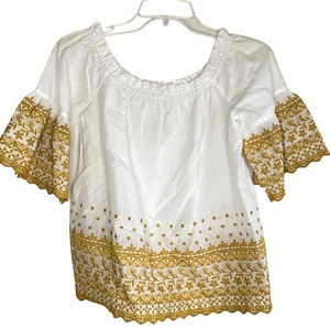 Top campesino bordado Maurices talla pequeña recorte blanco dorado acento mostaza - Imagen 1 de 4
