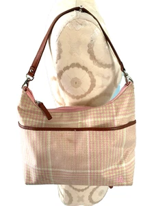RALPH LAUREN Pink Green Handbag Canvas Brown Leather Trim Houndstooth Tote - Picture 1 of 12