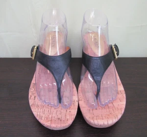 Ralph Lauren Oralee Black Leather Cork Wedge Platform Thong Sandals Sz Women 9 B - Picture 1 of 13