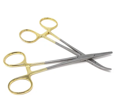 HTI BRAND 2 PC Fishing Set 5.5" Straight+Curved Hemostat Forceps Locking Clamp Gold Handle