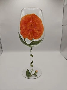 Hand Painted Wine Glass Orange Flower Green Leaves Swirl Down Stem 16oz - Picture 1 of 4