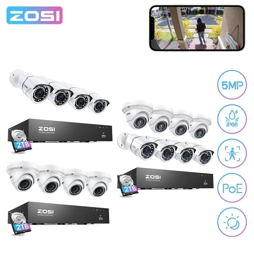 ZOSI 8CH 4K PoE NVR Security Instant Alert Camera System Remote Access 2TB HDD