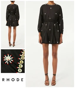 Rhode Resort Ella Kleid Gr. L Marseille Applikation Perlen geflochten Bindegürtel schwarz - Bild 1 von 12
