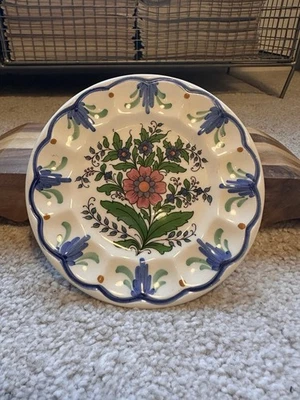 Spanish Handpainted Ceramic Wall Plate with Flowers and Scalloped Edges - Image 1 of 4