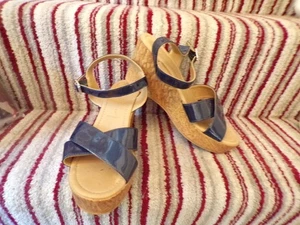 Ladies Marks and Spencer FAUX PATENT LEATHER BLUE WEDGE SANDALS SIZE 6.5 UK - Picture 1 of 5