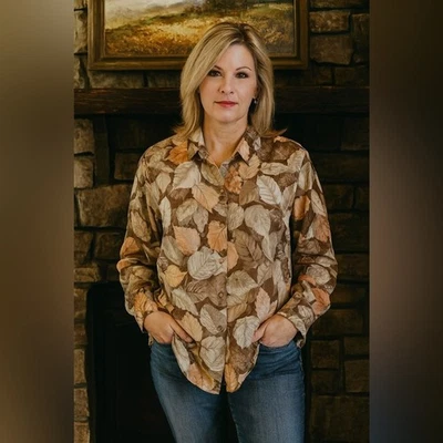 Blusa Top Usada en Excelente Condición Milano 100% Seda Manga Larga Hojas de Otoño Neutros Silenciados M Neutra Foto 1 de 4