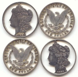 4 Cut Out Morgan Silver Dollars, 1890, 1884, Jewelry - Picture 1 of 2