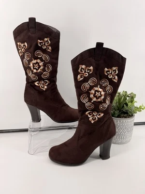Botas florales vintage Ellemenno para mujer talla 9,5 marrón gamuza forro de piel sintética Foto 1 de 4